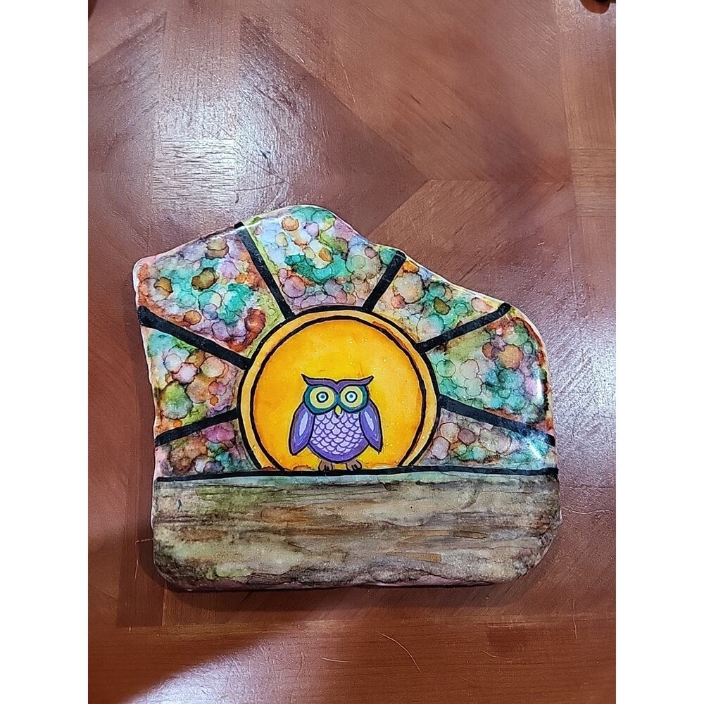 Hand painted Owl Purple Sun Granite Home Decor Collectable Providence Family